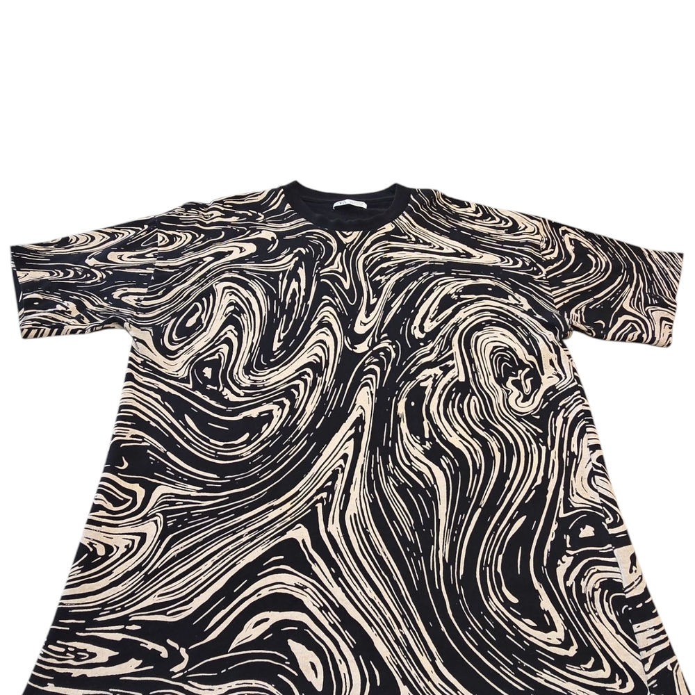 Zara Black and Cream Swirl Pattern T-Shirt M